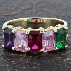 Vintage 14K Yellow Gold 5 Emerald Cut Gemstone Birthstone Mother's Ring